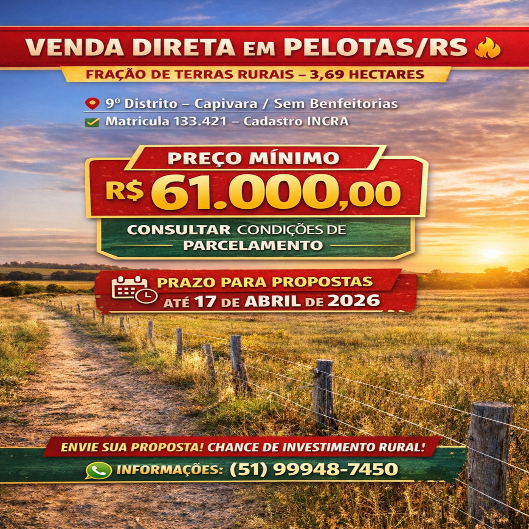 PELOTAS/RS - Fração de Terras com 3,69 hectares - situada no lugar denominado Capivara, no atual 9º Distrito.